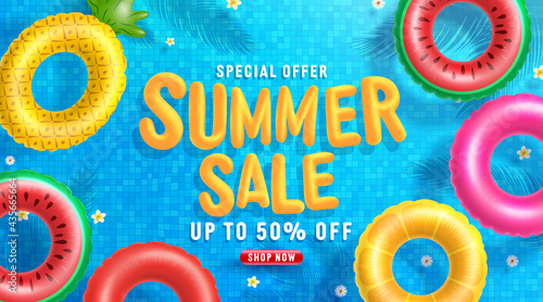 Summer Sale poster and banner template with Colorful Float on water in the tiled pool Background. Sale banner Design for Summer in flat lay styling. Promotion and shopping template for Summer and pool