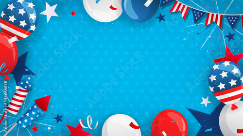 4th of July celebration frame background vector illustration. Balloons with party decoration on star pattern background