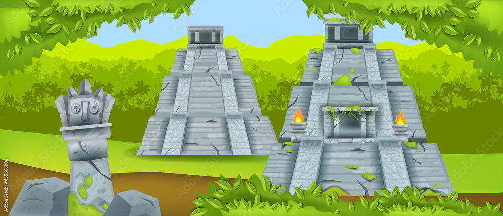 Ancient maya pyramid, vector Mexico temple ruin, jungle green landscape,  rainforest silhouette. Aztec civilization landmark, old stone, bushes.  Archeological travel illustration, tropical maya pyramid Stock-Vektorgrafik  | Adobe Stock