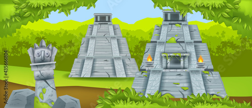 Ancient maya pyramid, vector Mexico temple ruin, jungle green landscape, rainforest silhouette. Aztec civilization landmark, old stone, bushes. Archeological travel illustration, tropical maya pyramid photo