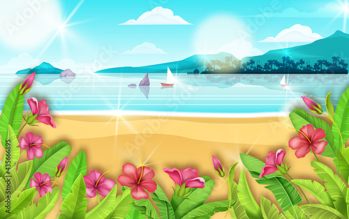 Vector tropical beach landscape, summer ocean vacation resort background, exotic paradise flowers. Island seashore aloha illustration, sand, hibiscus, banana leaf. Beach landscape lagoon banner, flare