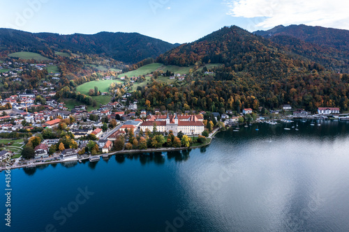 Aerial view  Tegernsee monastery and Br  ust  berl  Tegernsee  Upper Bavaria  Bavaria  Germany 