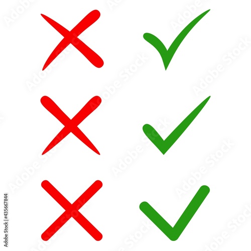 Vector stylish check marks set. Green tick and red cross in different shapes. YES or NO accept and decline symbol. Vector icons for internet buttons props or web page. Vector decor isolated on white