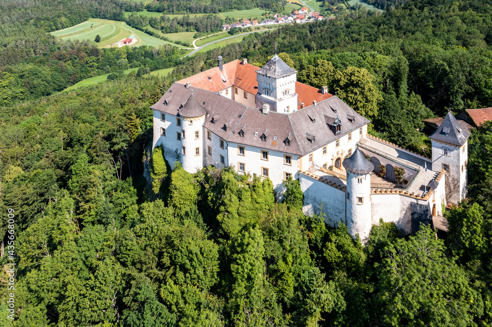 Aerial view, Greifenstein Castle, Franconian Switzerland, Upper Franconia, Bavaria, Germany,