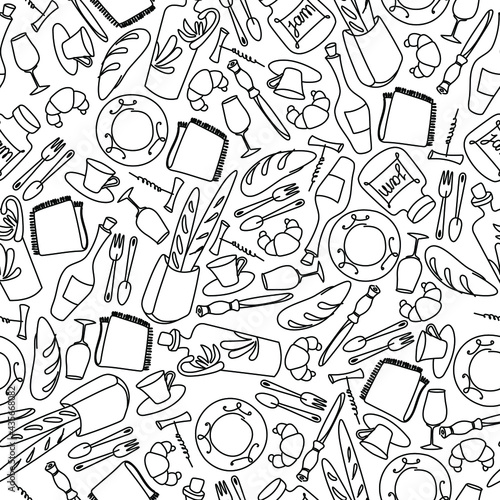 Simple classic pattern with flatware, baguettes, loaves, wine and glasses. Abstract seamless texture with table objects. Nice kitchen or restaurant theme background.