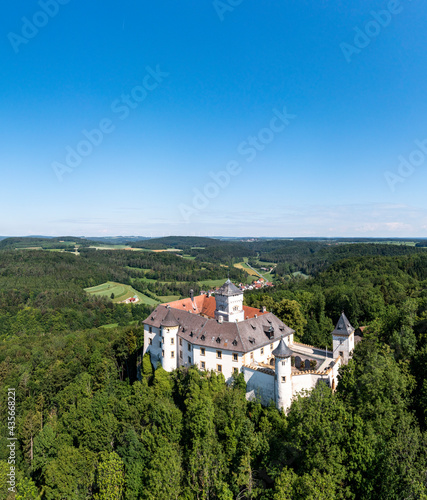 Aerial view, Greifenstein Castle, Franconian Switzerland, Upper Franconia, Bavaria, Germany,