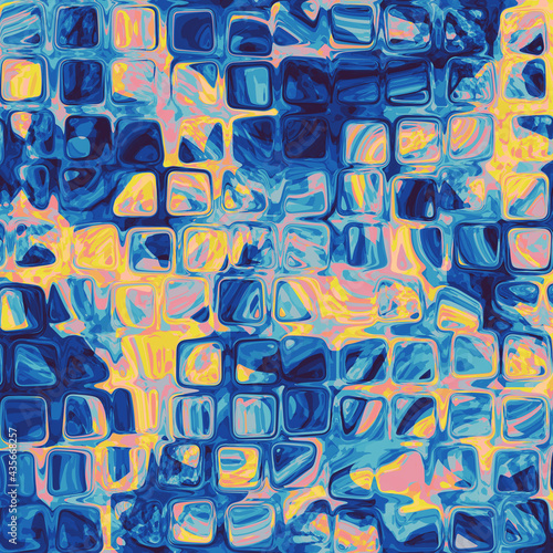 A digital painting of many stacked cubes  blue  yellow . Abstract backdrop. 