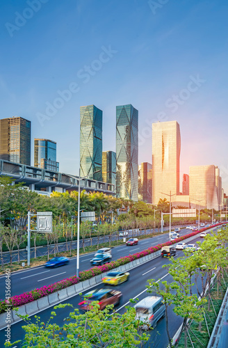 road floor surface with modern city landmark buildings in financial center shenzhen,China