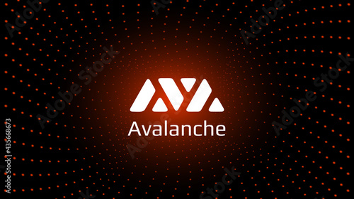 Fotografia Avalanche AVAX token symbol cryptocurrency in the center of spiral of glowing dots on dark background