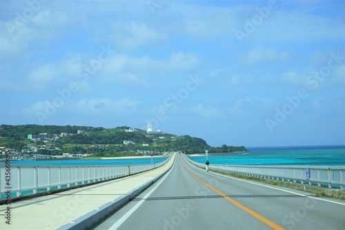 Kouri Bridge with beautiful blue ocean in Kouri Island  Okinawa  Japan -                                           