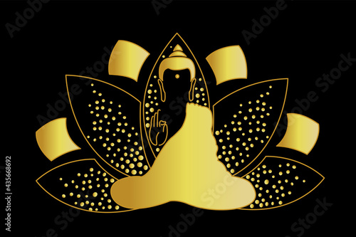 Vector Lotus and Lord Buddha. Symbol of gold buddha. Vesak day greeting background with lotus flower. Yoga, spirituality. Vector Golden Buddha silhouette