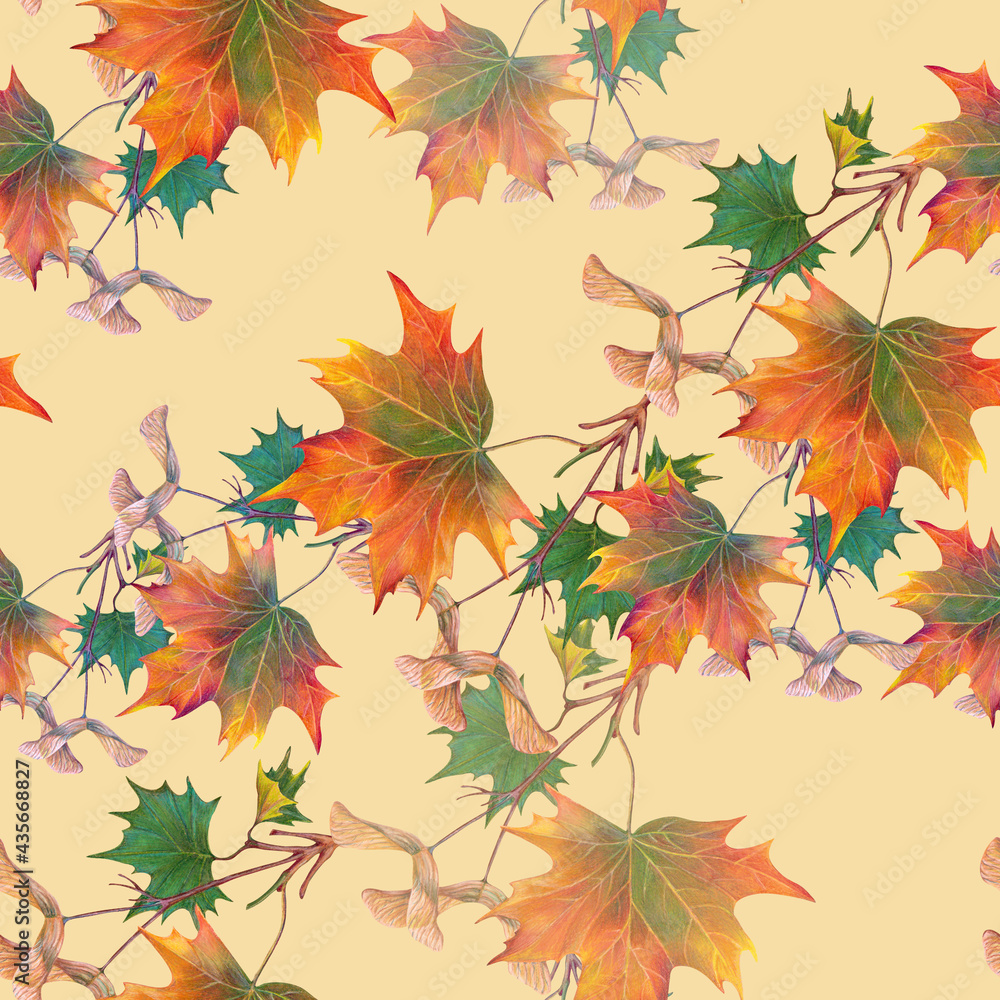 Autumn leaves maple on beige background. Seamless pattern.