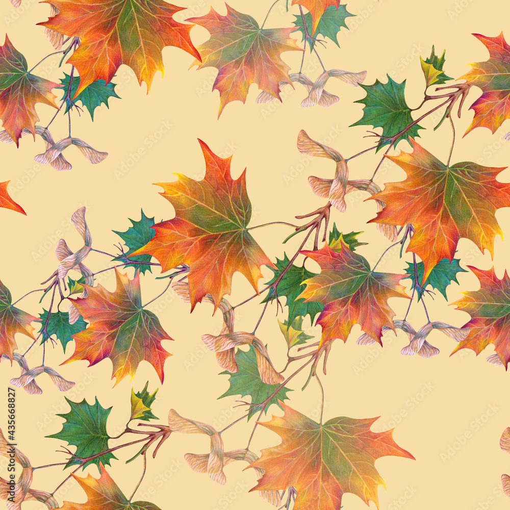 Autumn leaves maple on beige background. Seamless pattern. Autumn leaves maple on beige background. Seamless pattern.