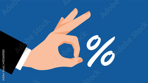 Zero percent concept. Gesture by hand with percent sign. Great offer, interest-free loan, ok gesture. Human white skin hand. Modern vector illustration.