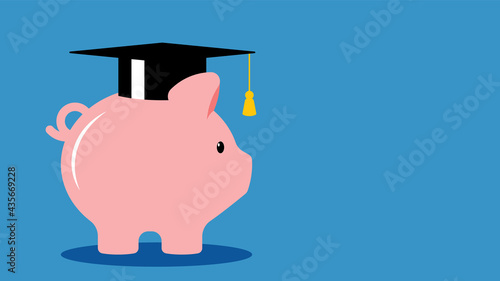 Education investment concept. Piggy bank in graduation cap. Modern vector illustration with copy space.