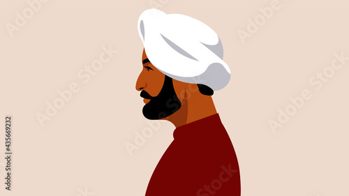 Realistic Indian man portrait. Attractive mature sikh man in turban. Welcome To India. One person, side view, isolated. Modern vector male fase, avatar, head.