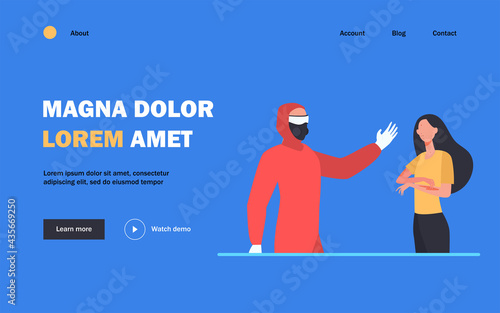 Person in protective costume and woman with chickenpox spots. Contagious patient, infection, rash flat vector illustration. Illness, treatment concept for banner, website design or landing web page