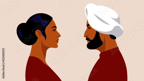 Indian couple. Beautiful woman with hairstyle and indian sikh man in turban. Welcome To India. Two people isolated on white background. Modern vector portraits.