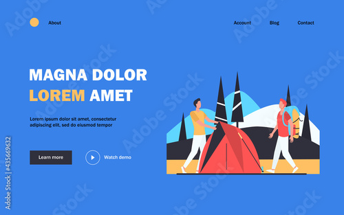 Two tourists pitching tent on meadow. Forest, nature. Flat vector illustration. Camping concept can be used for presentations, banner, website design, landing web page
