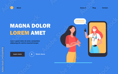Patient with chickenpox spots consulting doctor online. Contagious patient, infection, rash flat vector illustration. Medical help, treatment concept for banner, website design or landing web page