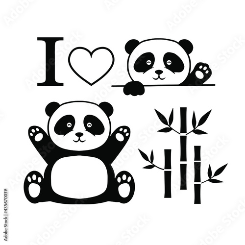 Pandas love. Cute panda waving paw cartoon, vector illustration.Bamboo T-shirt design, postcards, vinyl cutting, postcard printing