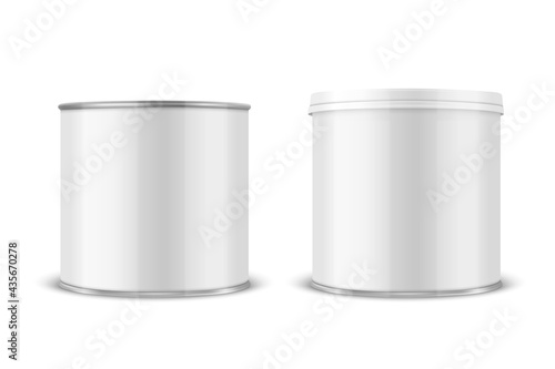 Vector 3d Realistic Blank Glossy White Metal Tin Can, Canned Food, Potato Chips Packaging With Lid Set Isolated On White Background. Small Size. Design Template, Mockup. Front View