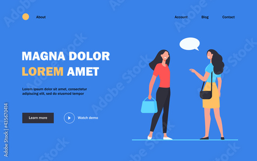 Happy friendly women talking outside. Female friends accidental meeting flat vector illustration. Communication, public place concept for banner, website design or landing web page