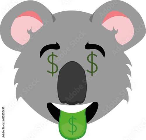 Vector emoticon illustration of the face of a cartoon koala with the dollar sign in its eyes and tongue