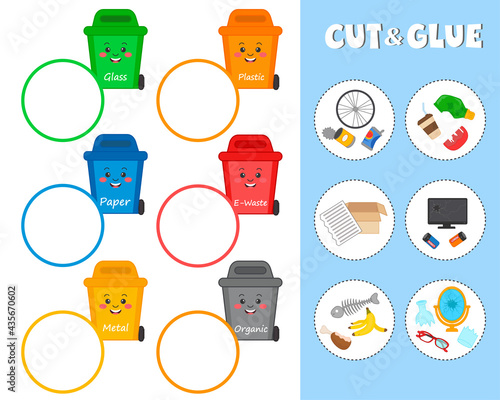 Matching game for kids. Eductaional children activity. Ecology theme. Cut and glue. Separate collection of waste in garbage cans. Worksheet vector illustration