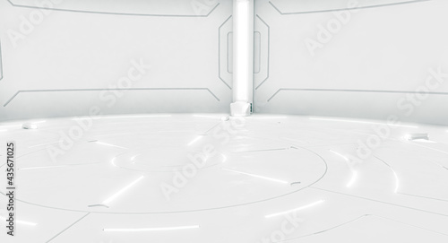 Futuristic interior with empty stage. Modern Future background. Technology Sci-fi hi tech concept. 3d rendering