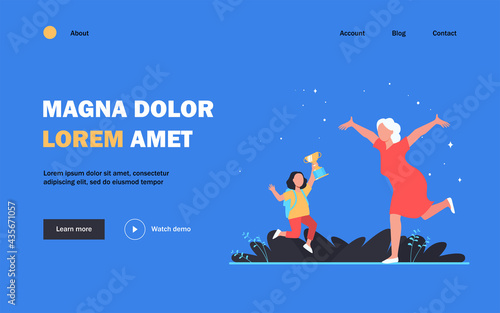 Grandparent congratulating grandchild with victory in contest. Emotions, cup. Flat vector illustration. Contest concept can be used for presentations, banner, website design, landing web page