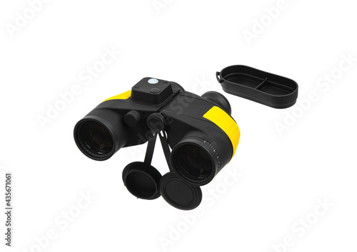 Modern black and yellow waterproof and unsinkable marine binoculars.. Surveillance device. Device for viewing at a distance. Isolate on a white back photo