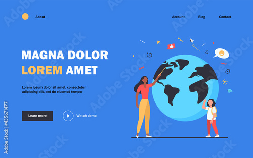 Geography teacher explaining lesson to pupil. Woman with pointer and girl at planet model flat vector illustration. School education concept for banner, website design or landing web page