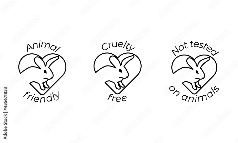 Set of 3 black and white icons with cute rabbit in heart. Cruelty free, Animal friendly and not tested on animals labels for cosmetic products. Rabbit's stroke is editable. Vector illustration, eps10.