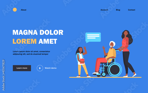 Senior man in wheelchair meeting with granddaughter. Girl visiting grandpa flat vector illustration. Family, generation concept for banner, website design or landing web page