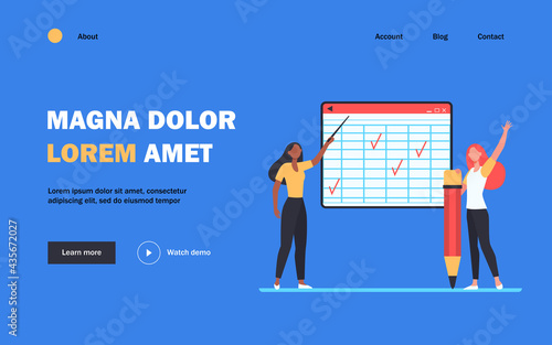 Student and teacher at class. Pointing at matrix blackboard, raising hand for answer flat vector illustration. Online course, education concept for banner, website design or landing web page