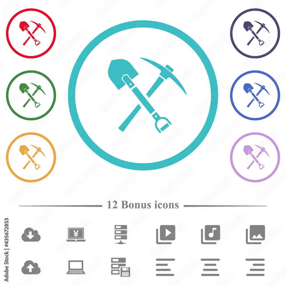 shovel and pickaxe flat color icons in circle shape outlines shovel and pickaxe flat color icons in circle shape outlines