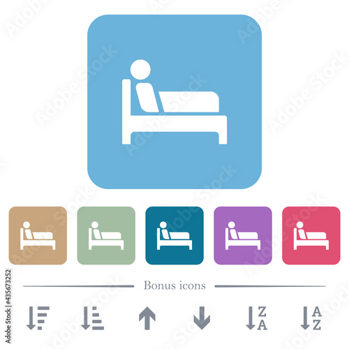 Inpatient flat icons on color rounded square backgrounds