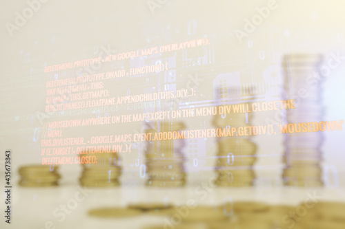 Abstract virtual coding illustration on coins background, software development concept. Multiexposure