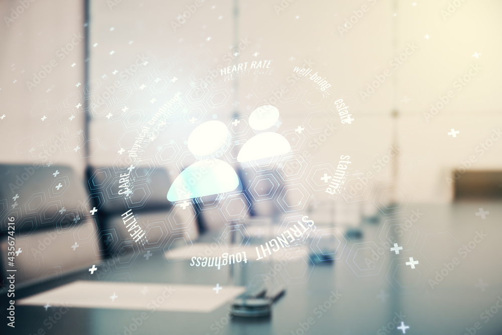 Abstract virtual people icons sketch on a modern boardroom background, life and real estate insurance online concept. Double exposure Abstract virtual people icons sketch on a modern boardroom background, life and real estate insurance online concept. Double exposure