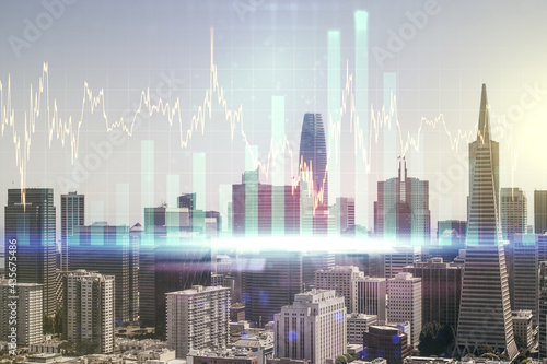 Double exposure of abstract creative financial chart hologram on San Francisco skyscrapers background, research and strategy concept