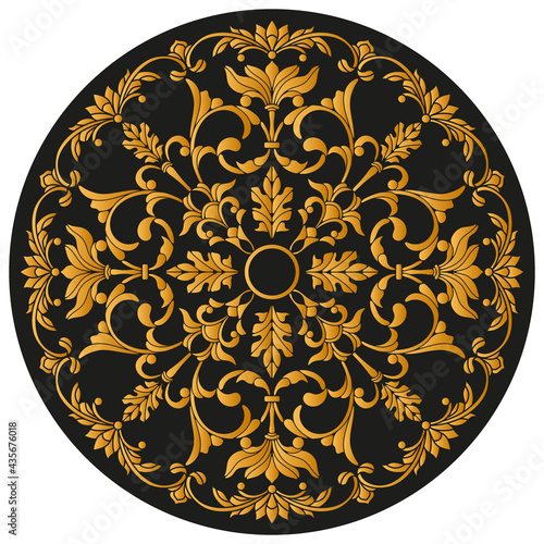 Design ornament for round product, flowers in the style of stained glass on a dark background