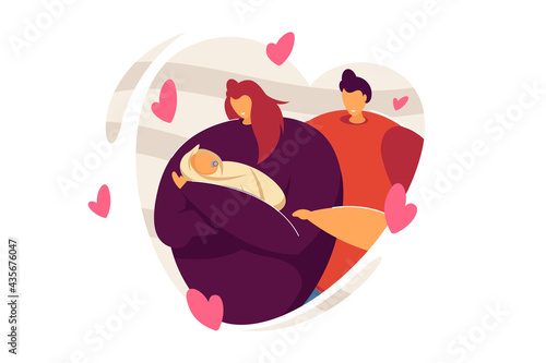 Couple adoring baby. Loving family watching newborn. Two parents showing their affection to little child. Woman holding baby. Cute parenthood concept for banner, website design or landing web page
