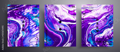 Abstract vector placard, texture set of fluid art covers. Trendy background that applicable for design cover, poster, brochure and etc. Purple, turquoise and navy blue creative iridescent artwork.