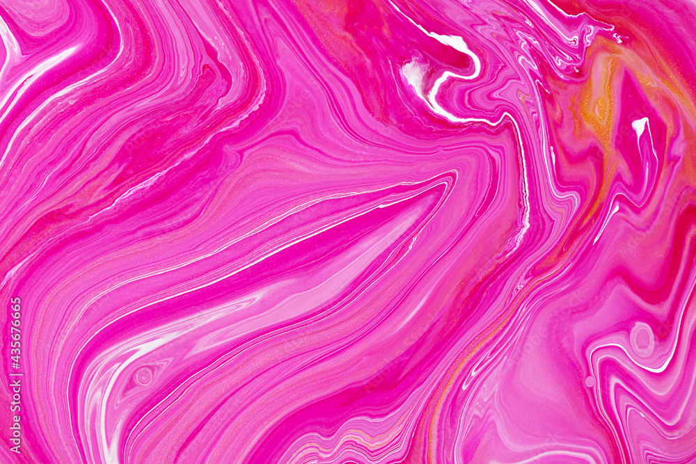 Obraz premium Fluid art texture. Background with abstract mixing paint effect. Liquid acrylic picture with flows and splashes. Mixed paints for posters or wallpapers. Golden, red and pink overflowing colors.