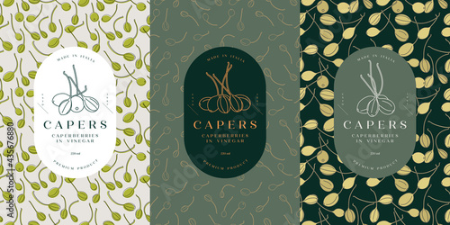 Vector set labels with pickled capers - simple linear style. Emblems composition with caperberries and typography. Seamless pattern.