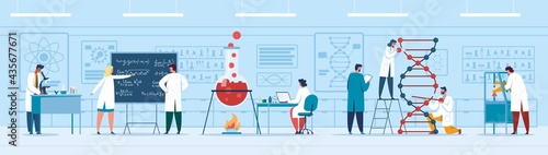 Research laboratory. Chemical or medical laboratory with scientists. Dna research, scientific experiment, drug development vector illustration. Genetic lab, workers analyzing blood