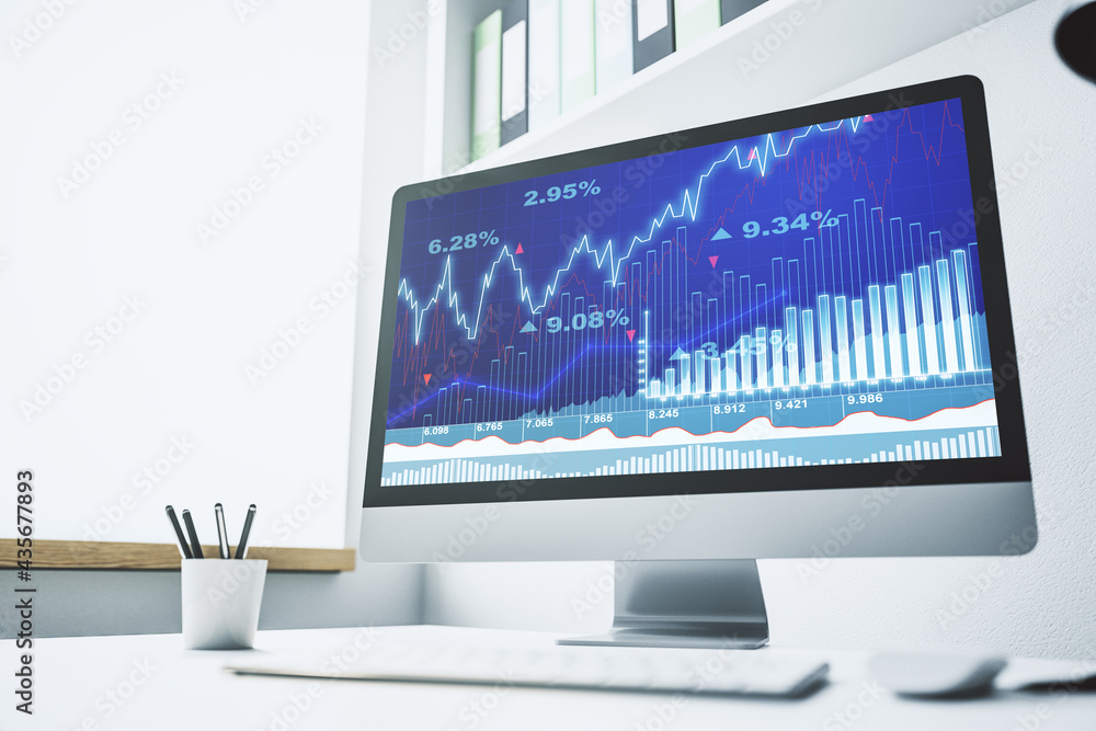 Modern computer screen with abstract creative financial chart, research and analytics concept. 3D Rendering Modern computer screen with abstract creative financial chart, research and analytics concept. 3D Rendering