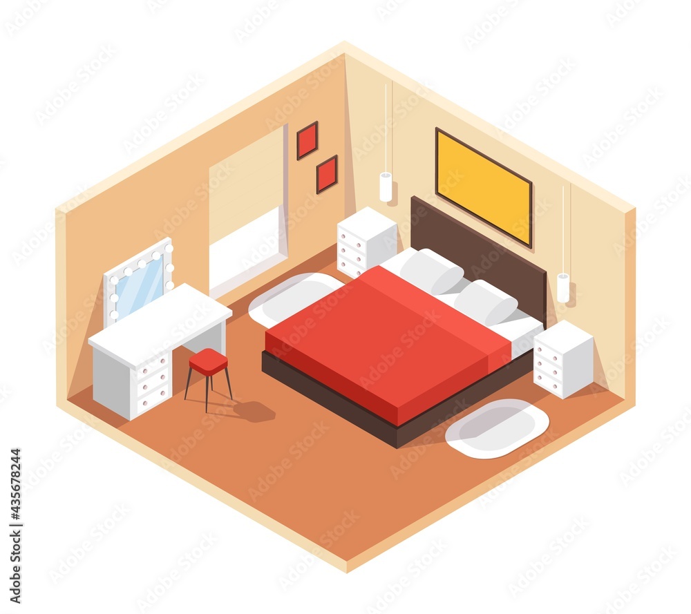 Isometric bedroom. Modern cozy room interior with furniture double bed, night tables, table, mirror, paintings. 3d bedroom vector interior. Indoor furnishing for hotel or house plan