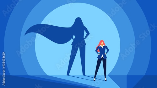 Businesswoman with superhero shadow. Strong, confident and successful business woman. Leadership, courage, power, success vector concept. Female boss or manager succeed, having promotion